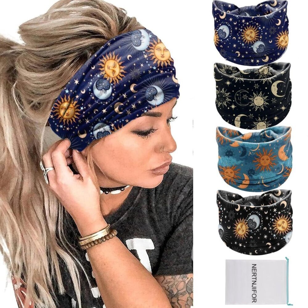 Women Headbands Stars Moon Wide Knotted Headband Non Slip Wraps Elastic Yoga Tur